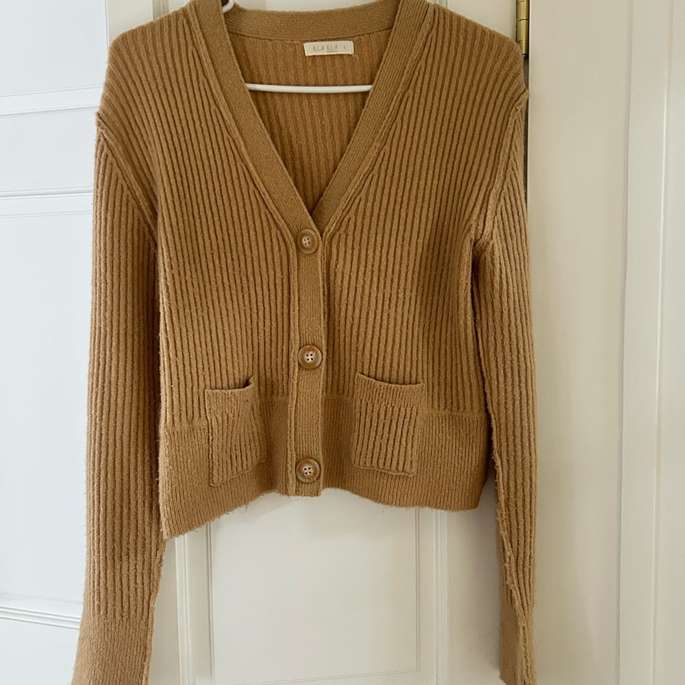 Tan Ribbed Cardigan Sweater